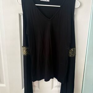 Black V-Neck Long Sleeve Cold Shoulder Top with Gold Accent